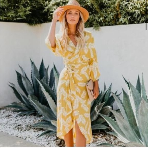 Vici Dresses & Skirts - Vici Palm Leaf Yellow Wrap Dress - S